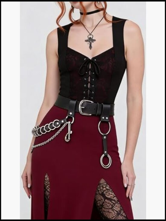 Adjustable Faux Leather Punk Chain Belt with Alloy Rings & Clip Chain